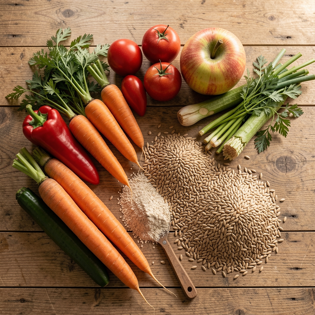 Seasonal vegetables and whole grains arranged on a wooden kitchen surface with natural daylight, overhead perspective